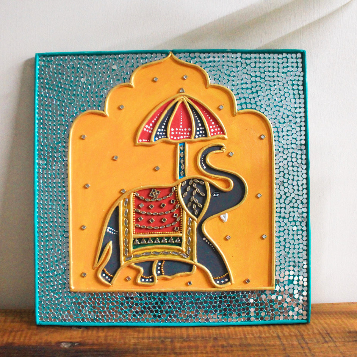 Maharaja Elephant Lippan Art, Mud Mirror Indian Folk Decor
