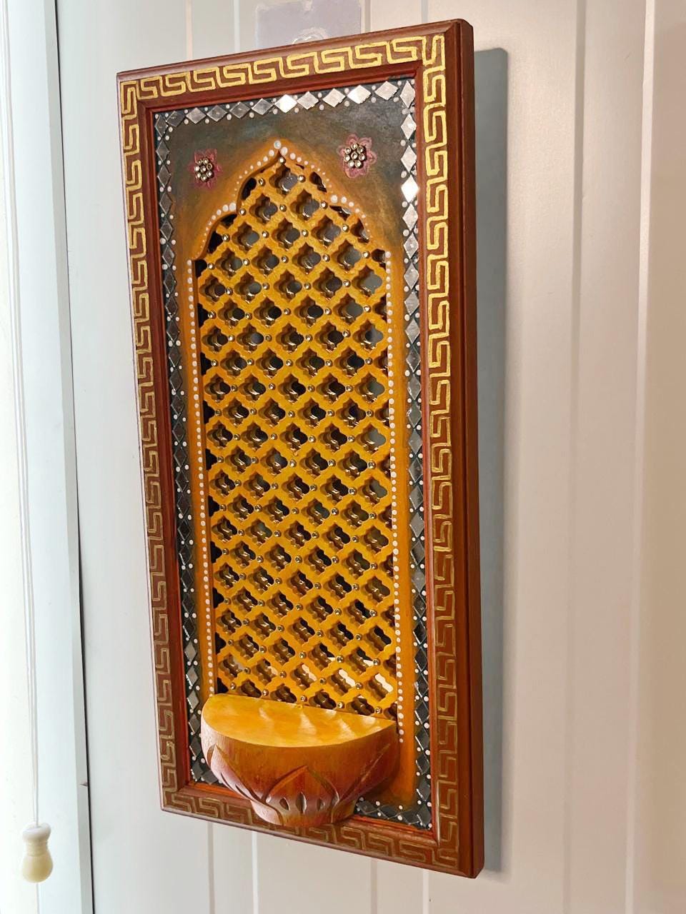 Sacred Jharokha Shrine Mirror, Rajasthani Wall Niche, Indian Pooja Decor