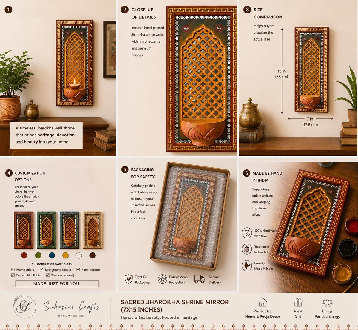 Sacred Jharokha Shrine Mirror, Rajasthani Wall Niche, Indian Pooja Decor