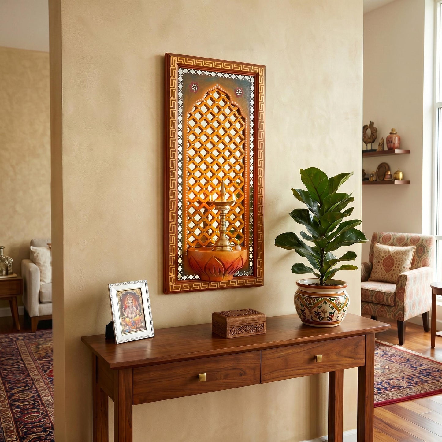 Sacred Jharokha Shrine Mirror, Rajasthani Wall Niche, Indian Pooja Decor