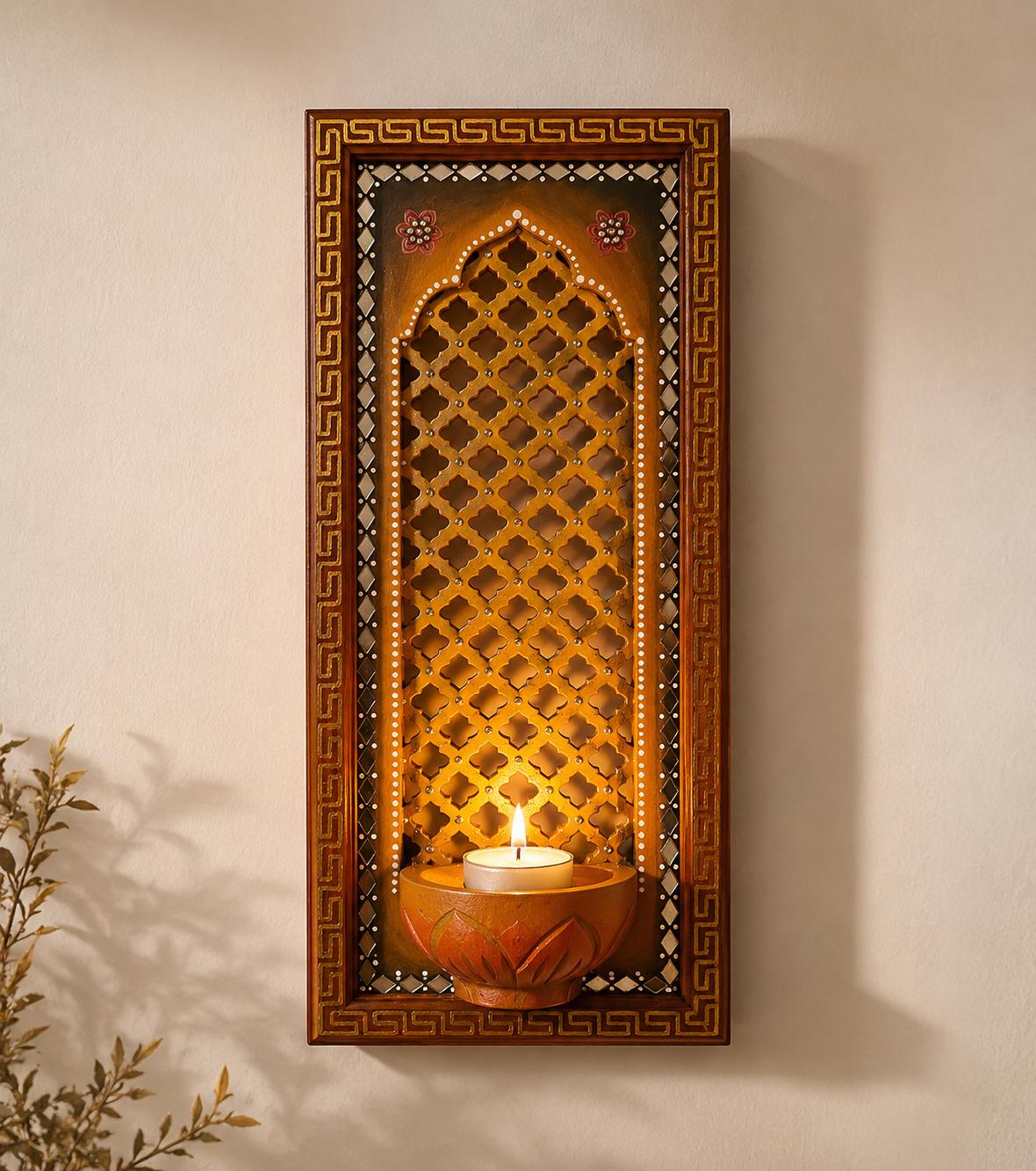 Sacred Jharokha Shrine Mirror, Rajasthani Wall Niche, Indian Pooja Decor