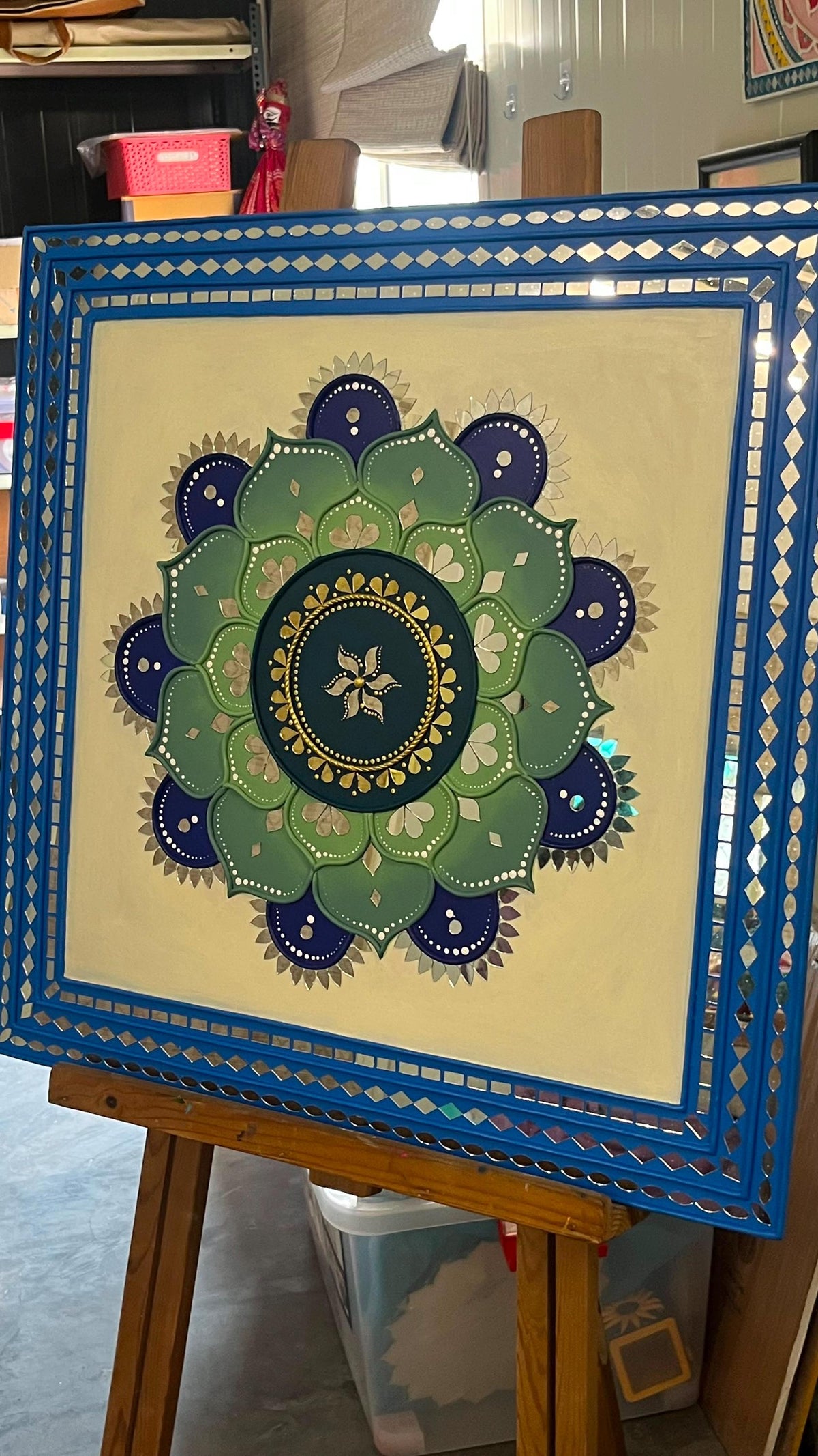 Sunflower Lippan Mandala Wall Art, Mud Mirror Indian Folk Decor