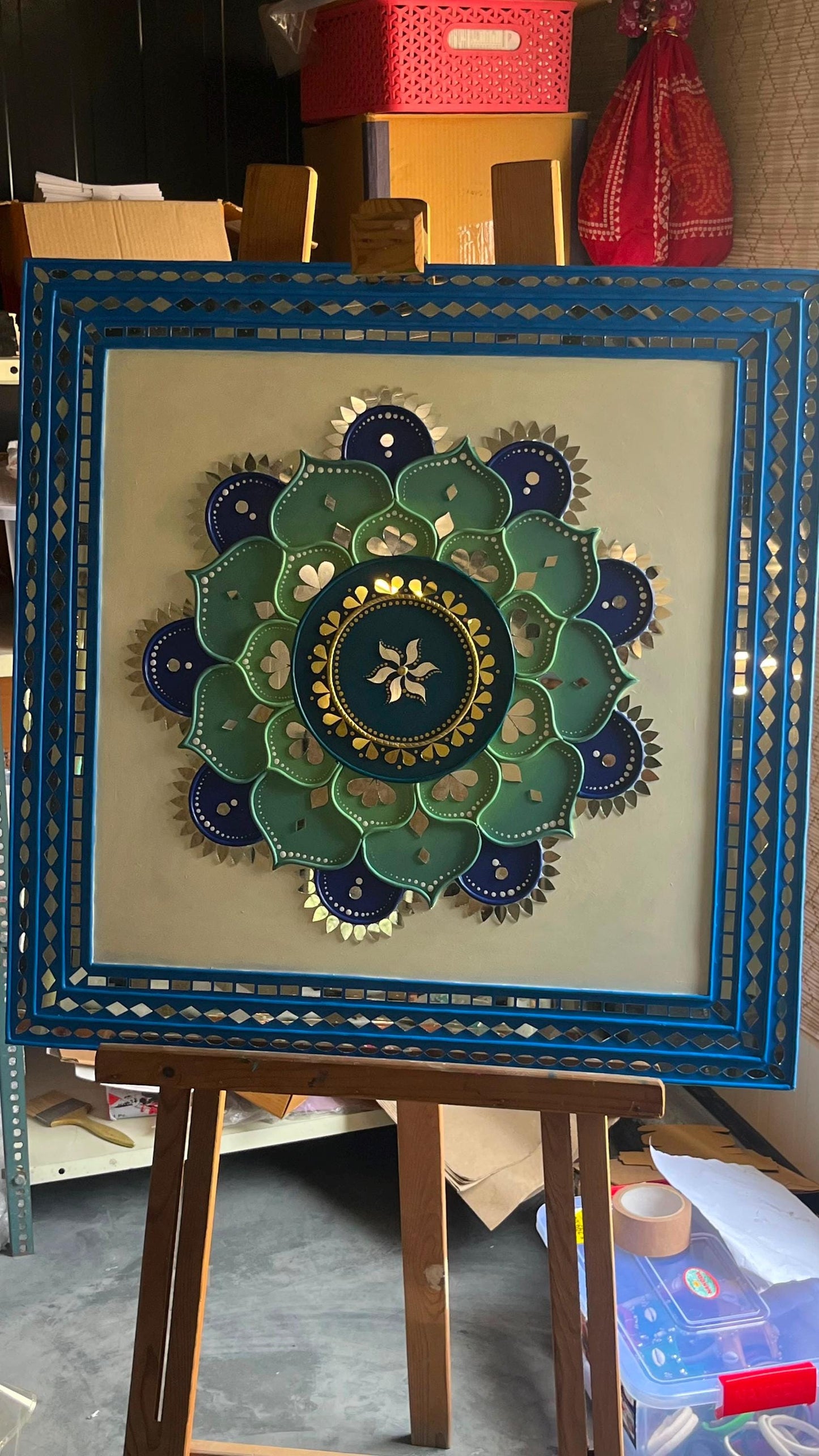 Sunflower Lippan Mandala Wall Art, Mud Mirror Indian Folk Decor