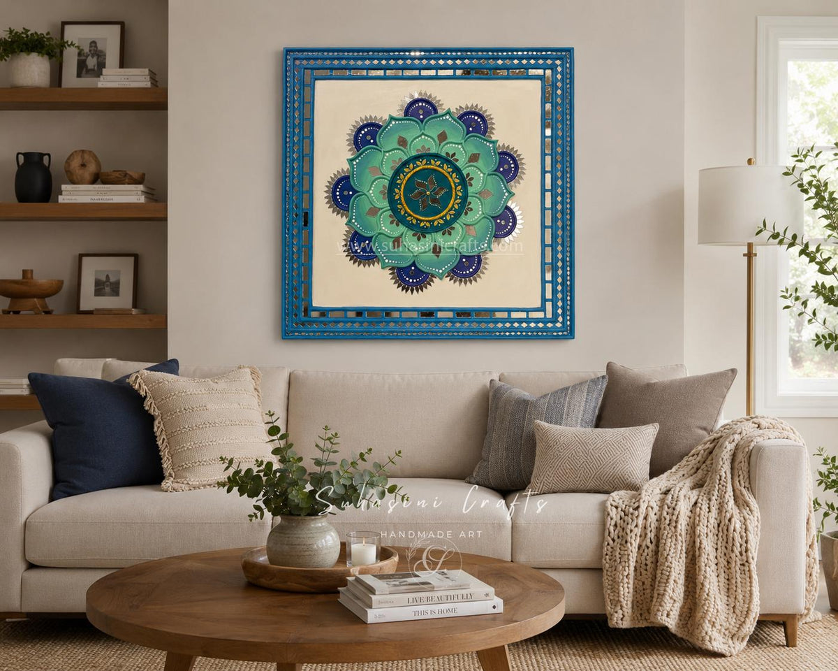 Sunflower Lippan Mandala Wall Art, Mud Mirror Indian Folk Decor
