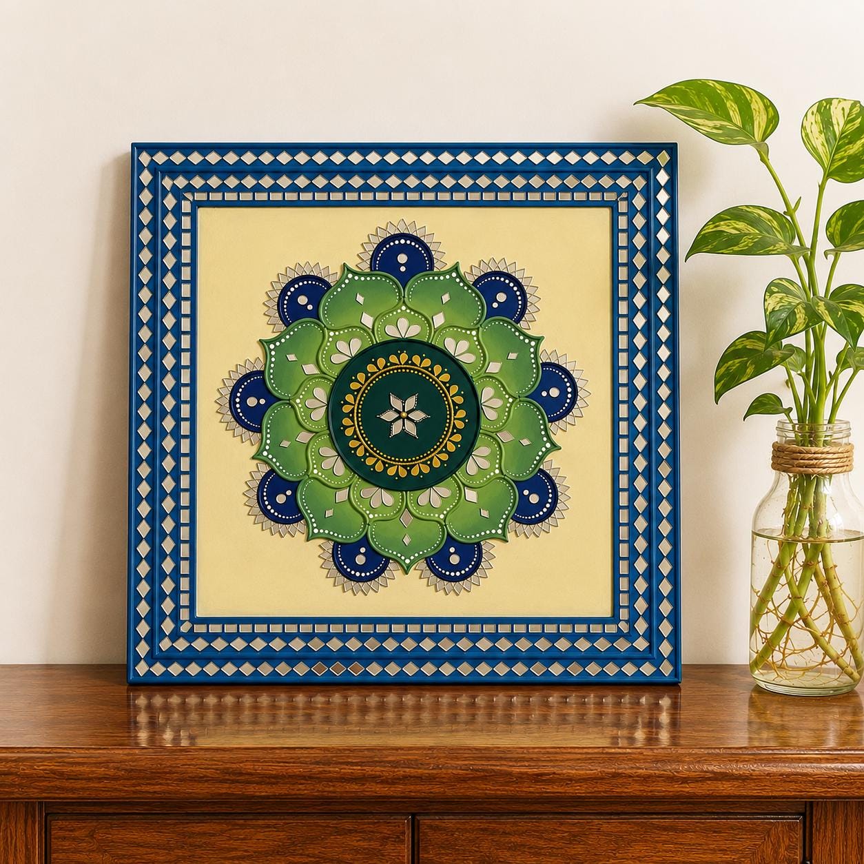 Sunflower Lippan Mandala Wall Art, Mud Mirror Indian Folk Decor