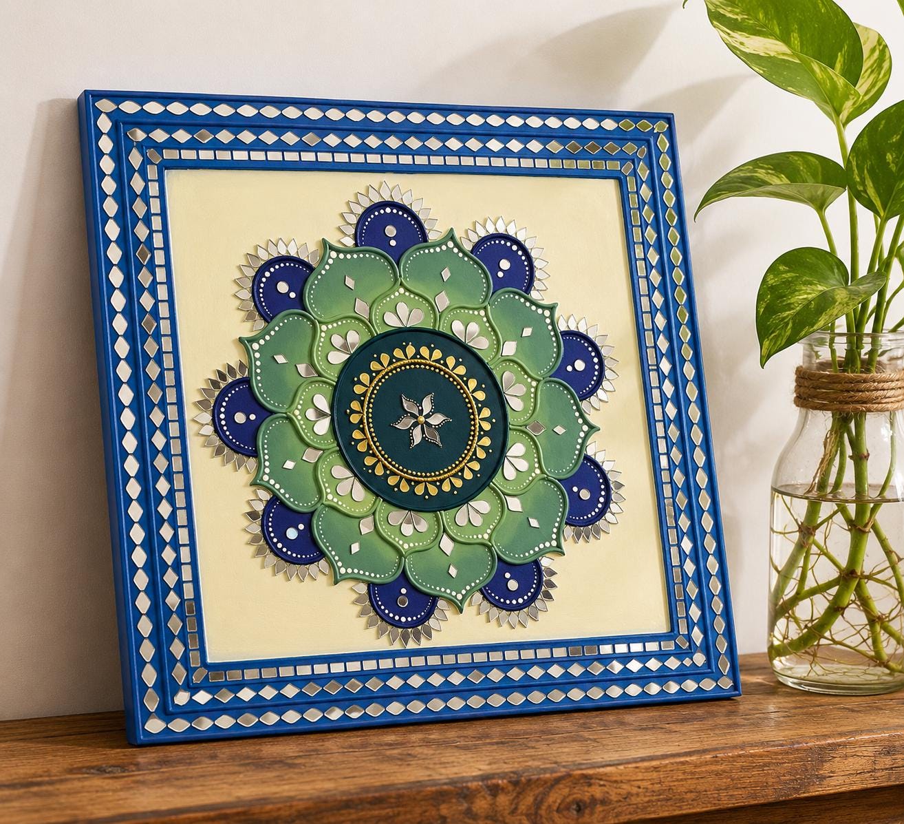 Sunflower Lippan Mandala Wall Art, Mud Mirror Indian Folk Decor