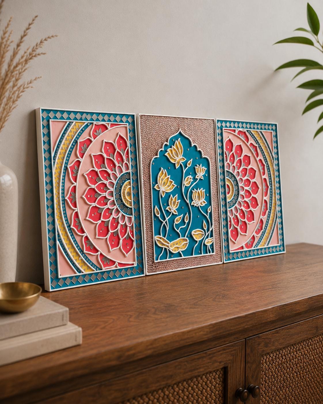 Lotus Lippan Wall Art Set of 3, Mud Mirror Indian Folk Decor
