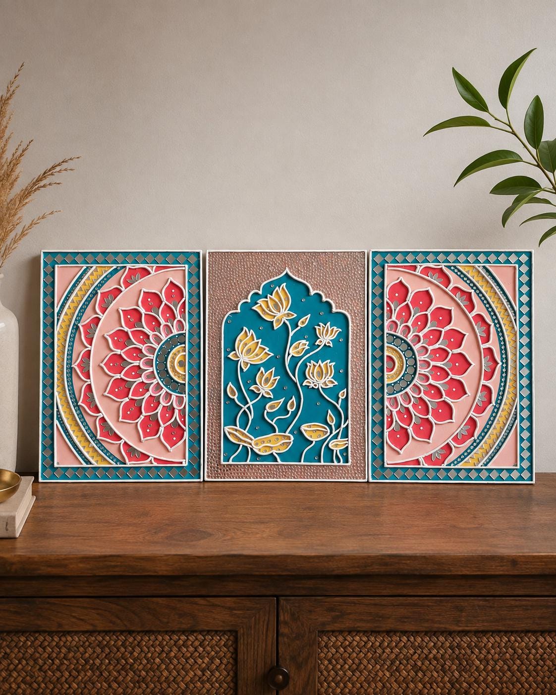 Lotus Lippan Wall Art Set of 3, Mud Mirror Indian Folk Decor
