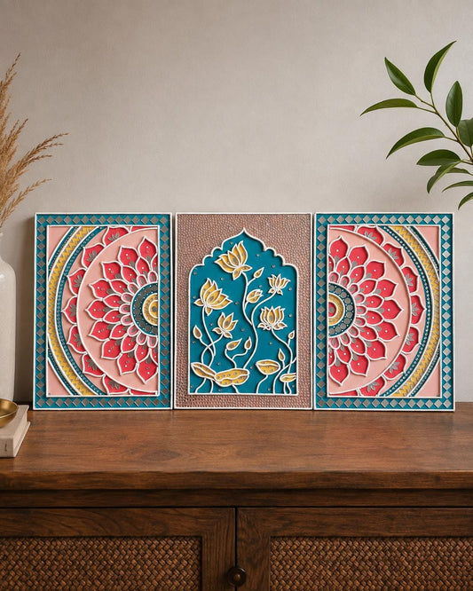 Lotus Lippan Wall Art Set of 3, Mud Mirror Indian Folk Decor