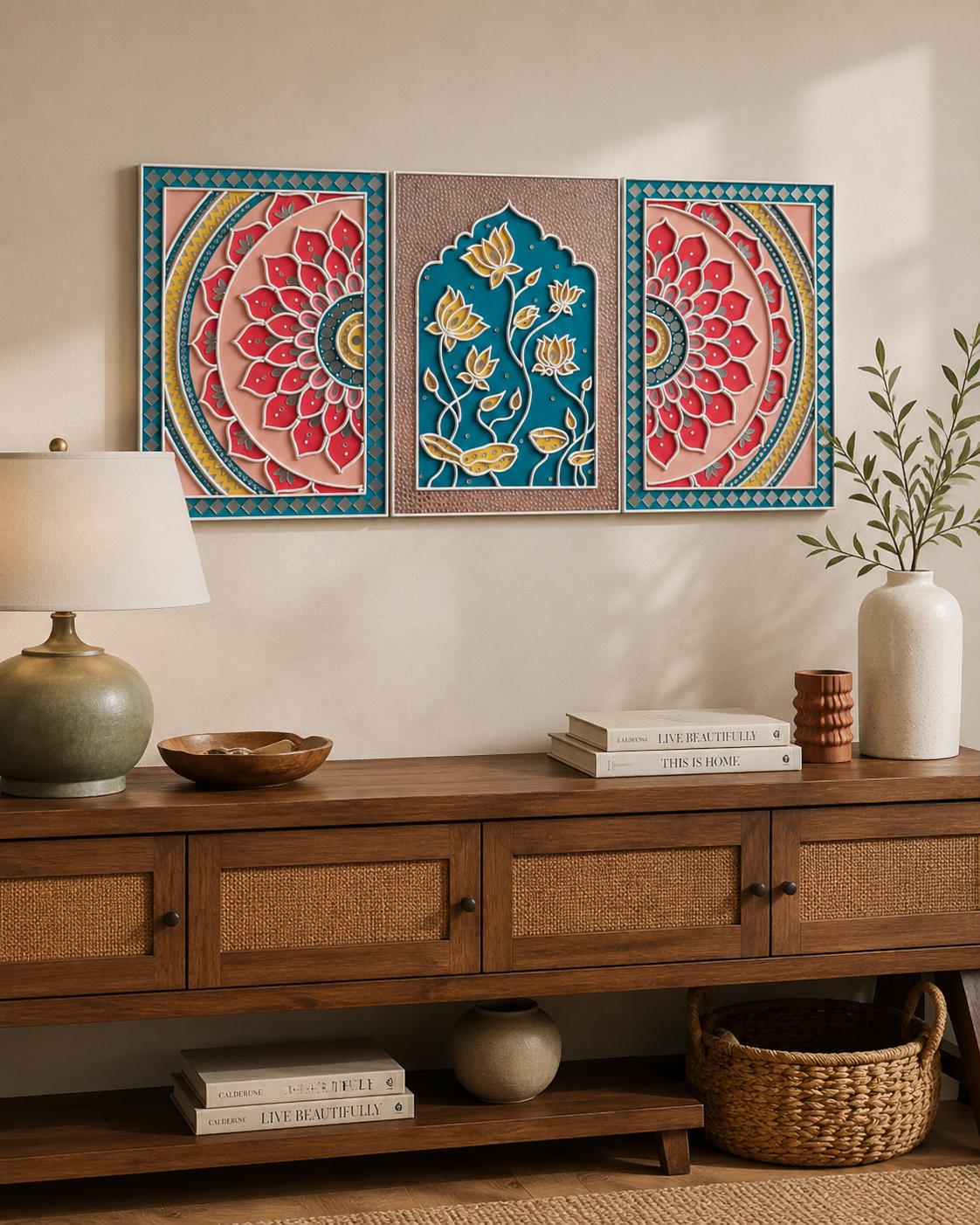Lotus Lippan Wall Art Set of 3, Mud Mirror Indian Folk Decor