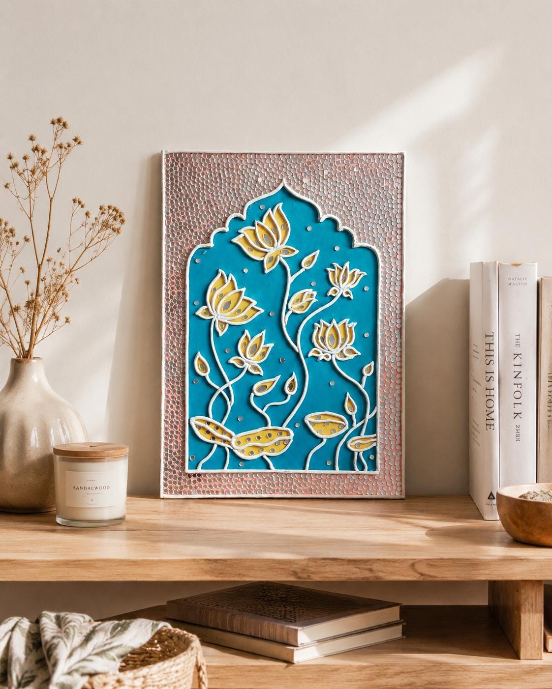 Lotus Pond Lippan Wall Art, Mud Mirror Indian Folk Decor