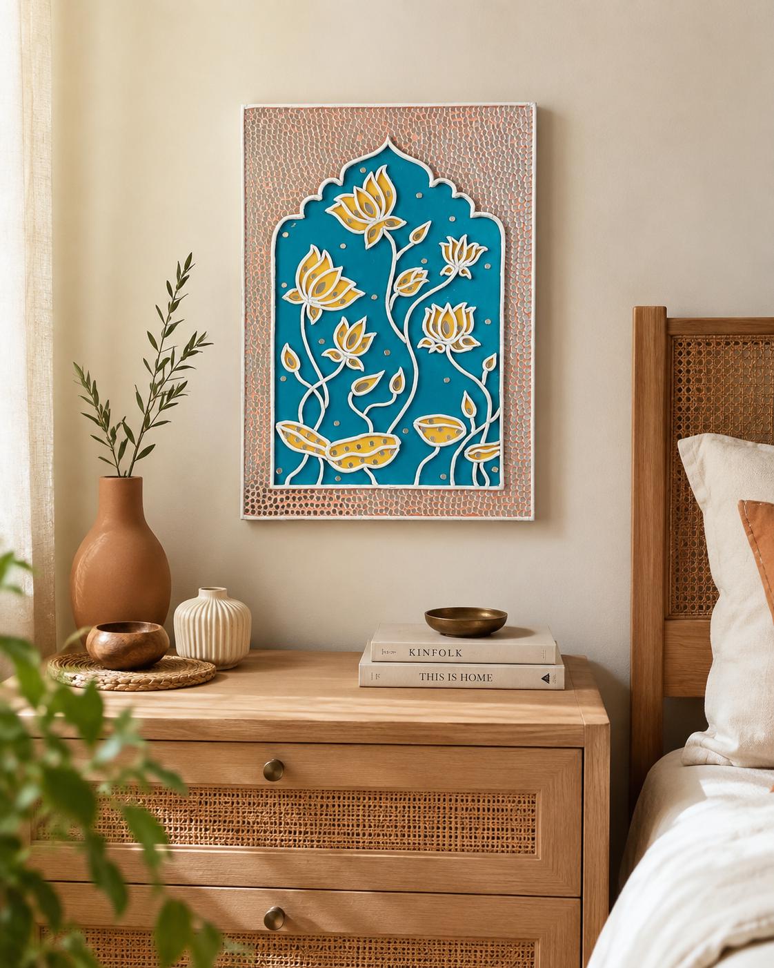 Lotus Pond Lippan Wall Art, Mud Mirror Indian Folk Decor
