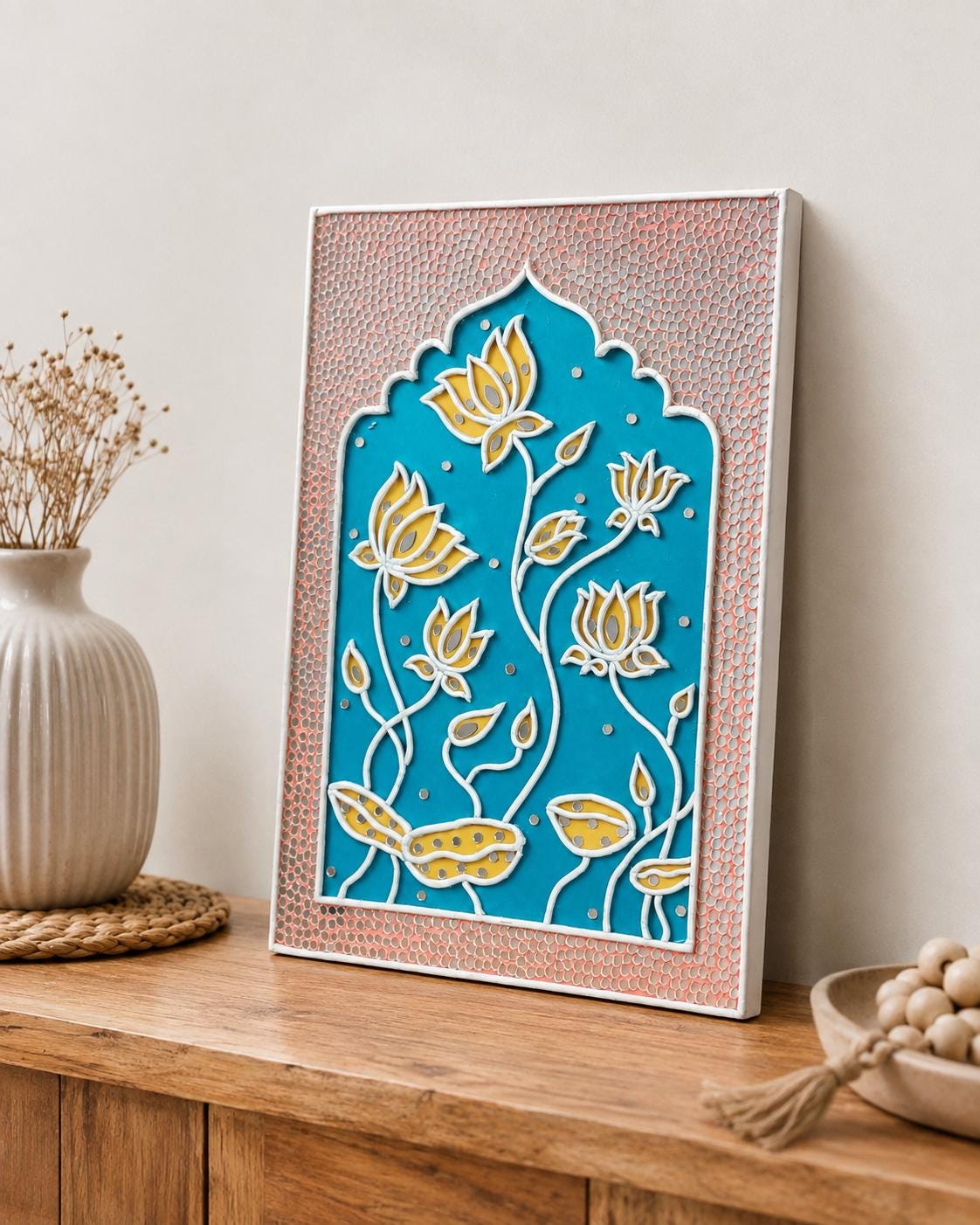 Lotus Pond Lippan Wall Art, Mud Mirror Indian Folk Decor