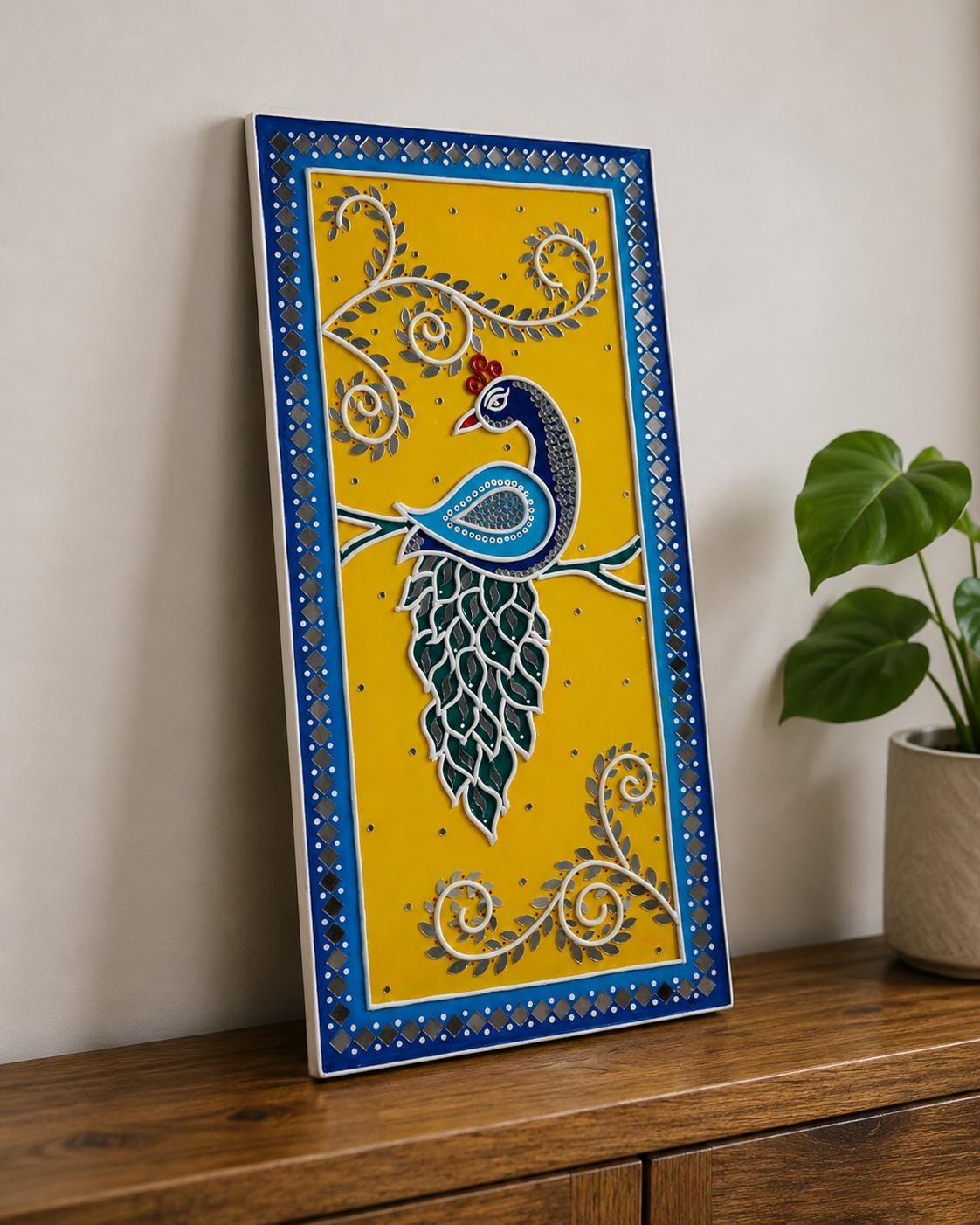 Peacock Lippan Wall Art, Mud Mirror Indian Folk Decor