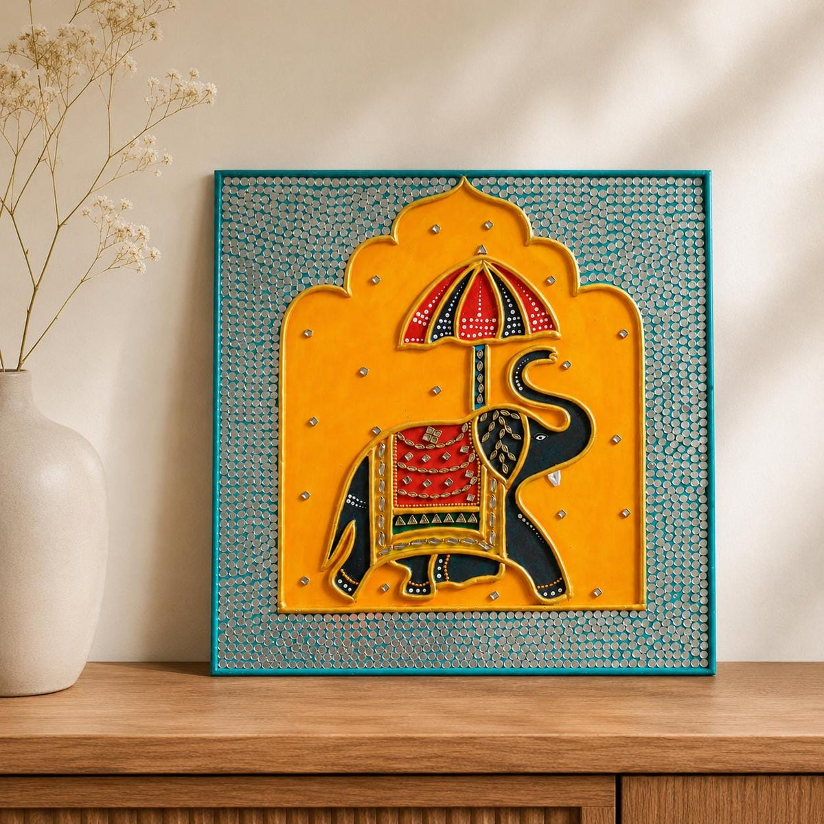 Maharaja Elephant Lippan Art, Mud Mirror Indian Folk Decor