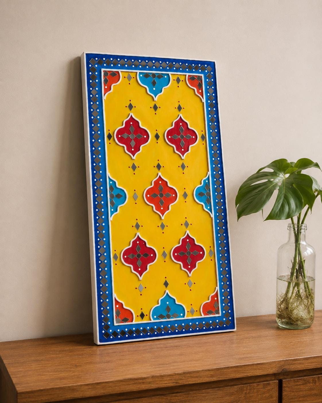 Geometric Lippan Wall Art, Mud Mirror Indian Folk Decor