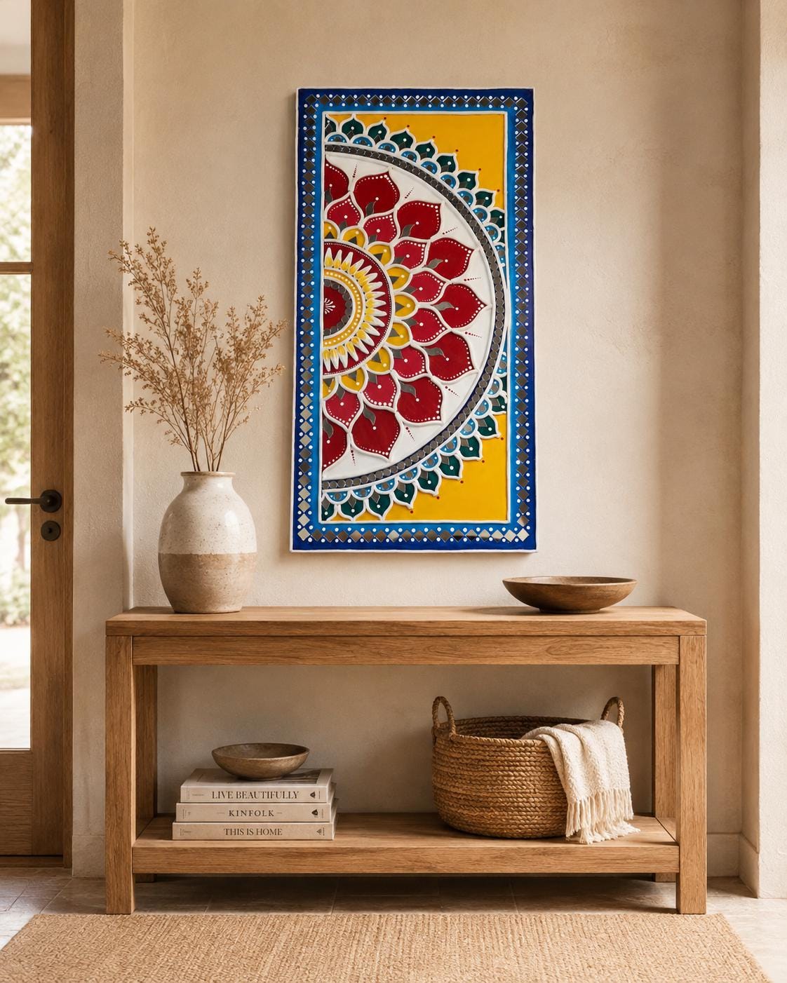 Vertical Lippan Mandala Wall Art, Mud Mirror Indian Folk Decor