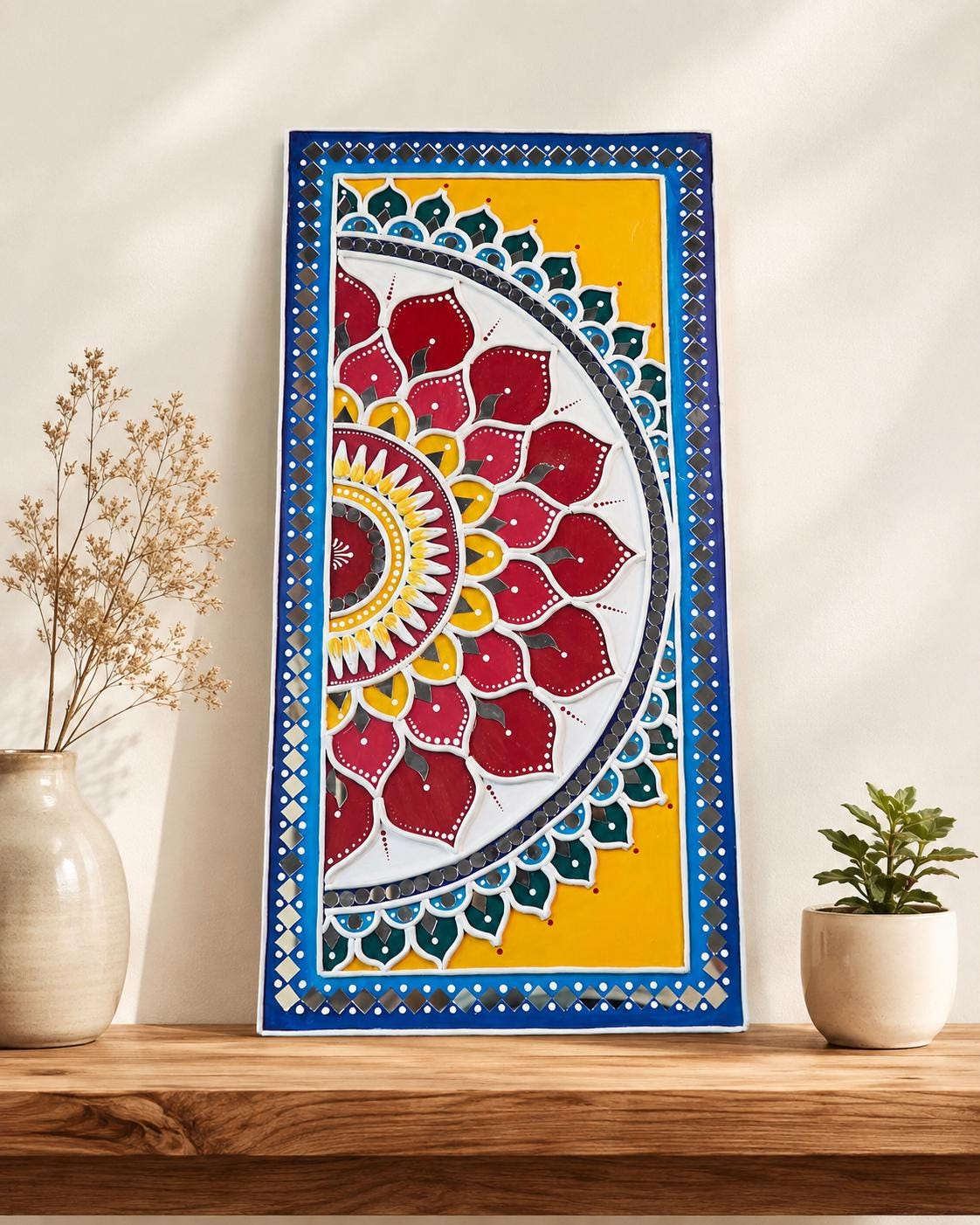Vertical Lippan Mandala Wall Art, Mud Mirror Indian Folk Decor