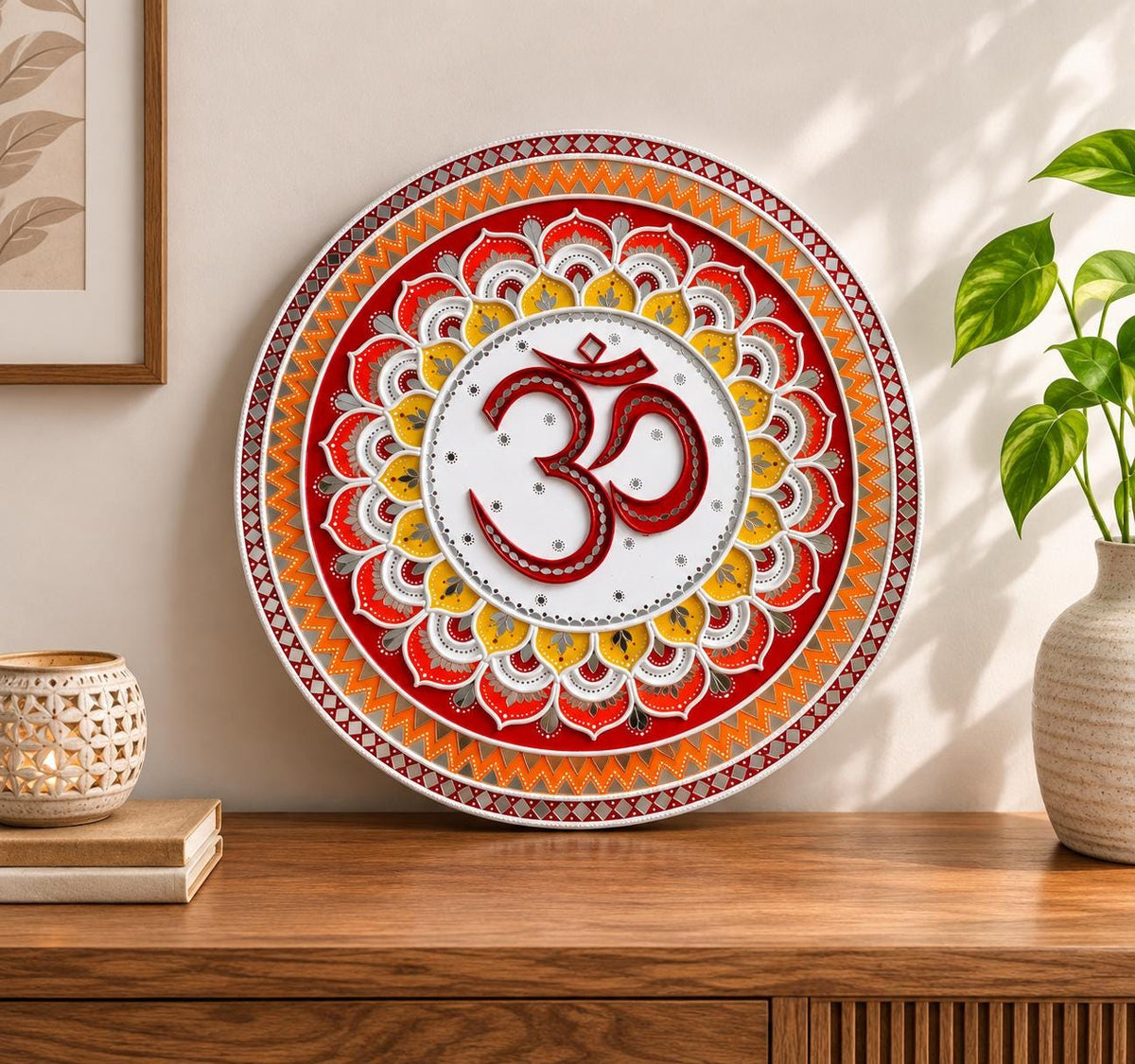 Om Lippan Mandala Wall Art, Mud Mirror Indian Folk Decor