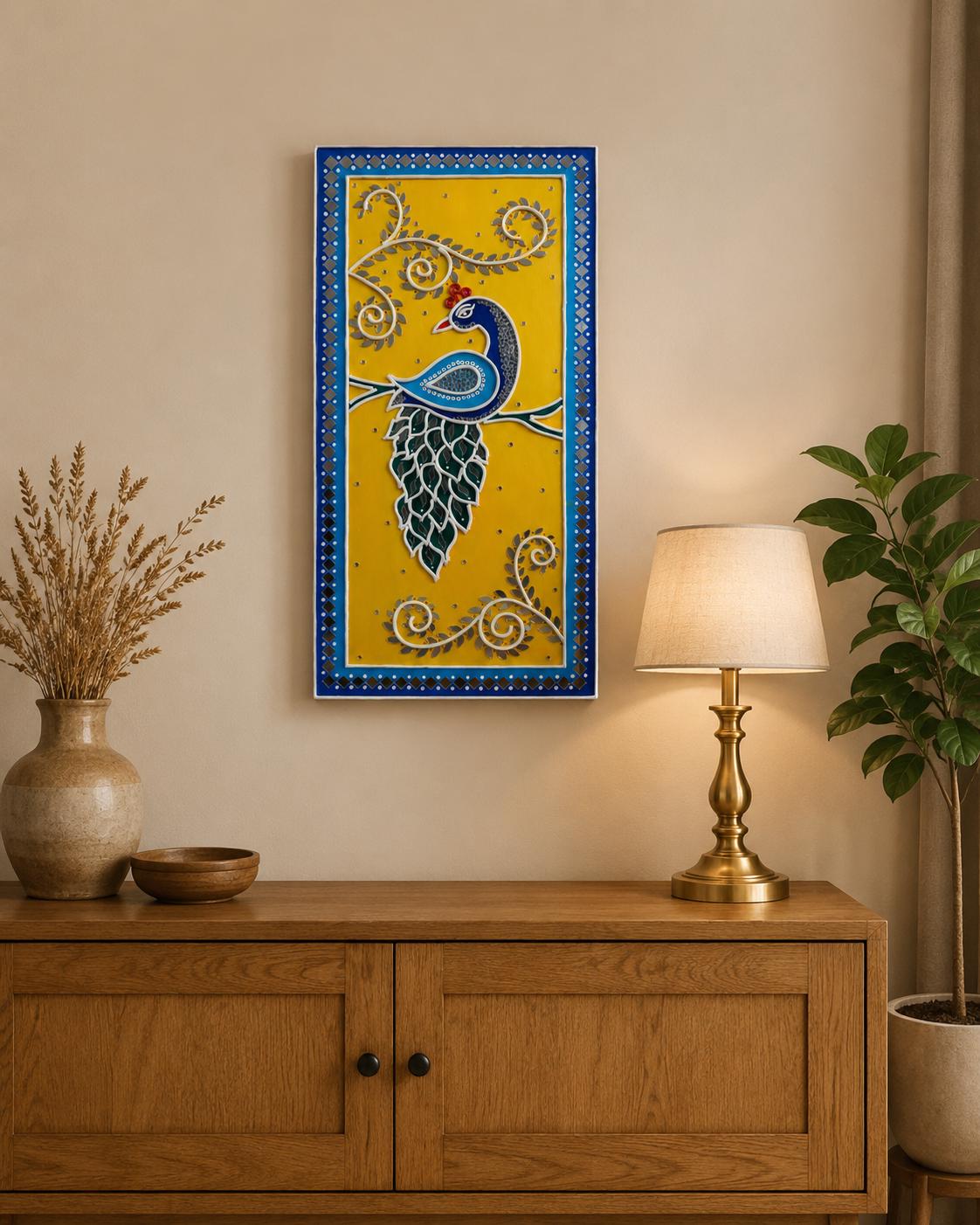 Peacock Lippan Wall Art, Mud Mirror Indian Folk Decor