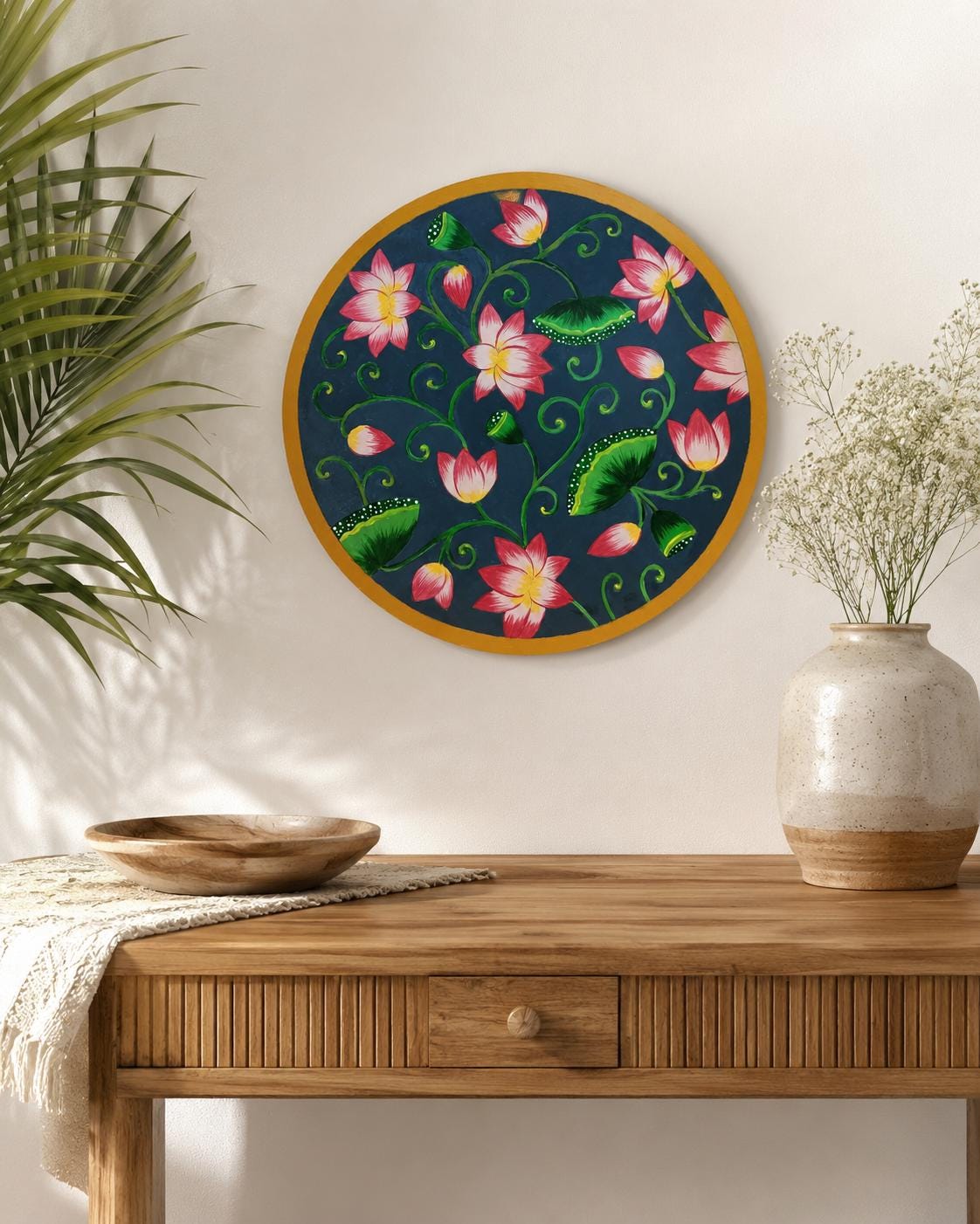 Lotus Pond Pichwai Wall Art, Hand Painted Indian Folk Decor