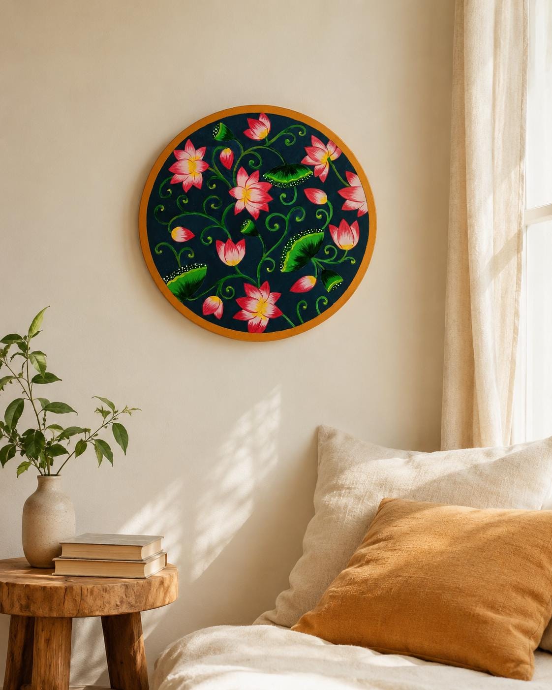 Lotus Pond Pichwai Wall Art, Hand Painted Indian Folk Decor