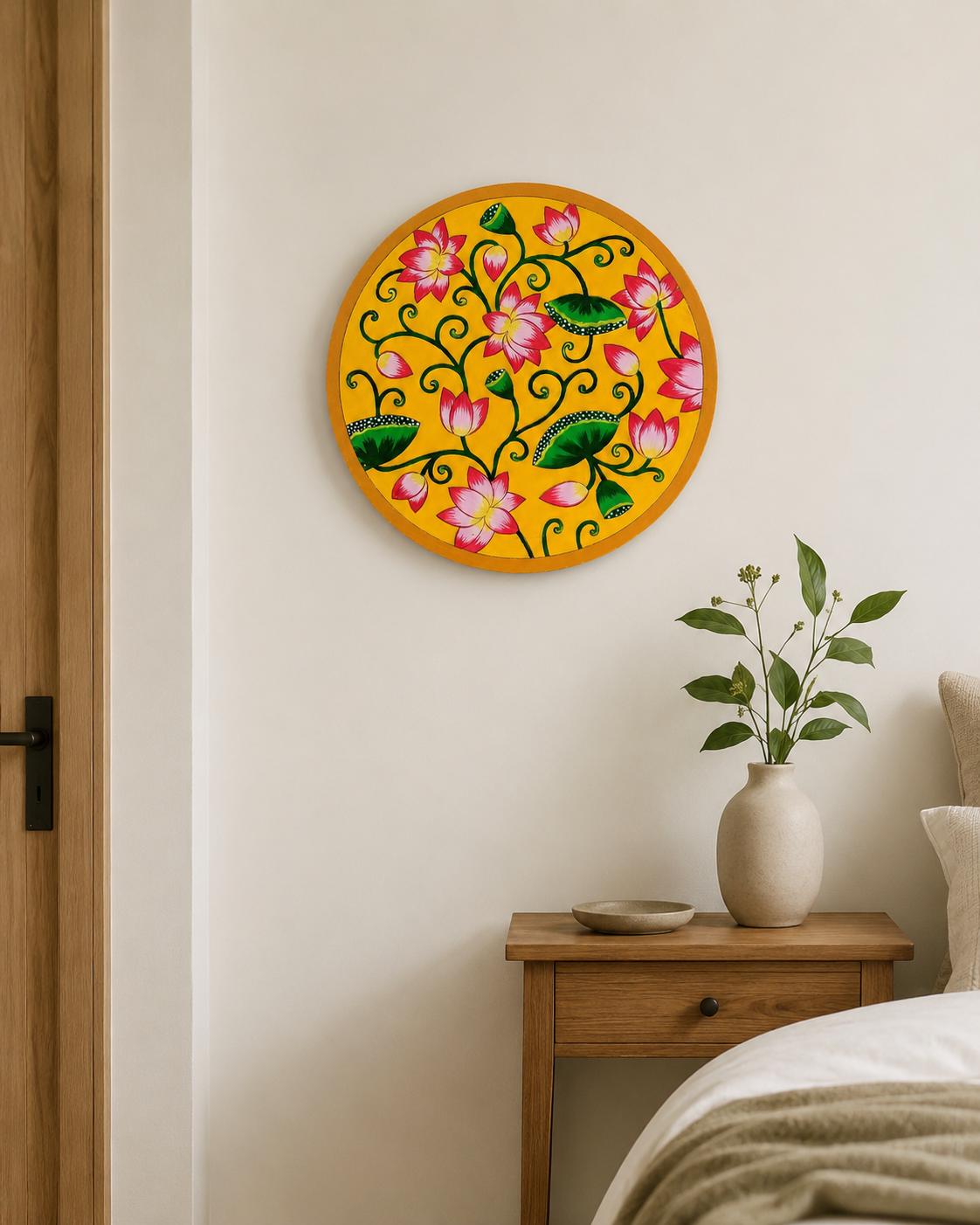 Pichwai Lotus Painting, Indian Floral Wall Art, Hand Painted Folk Decor