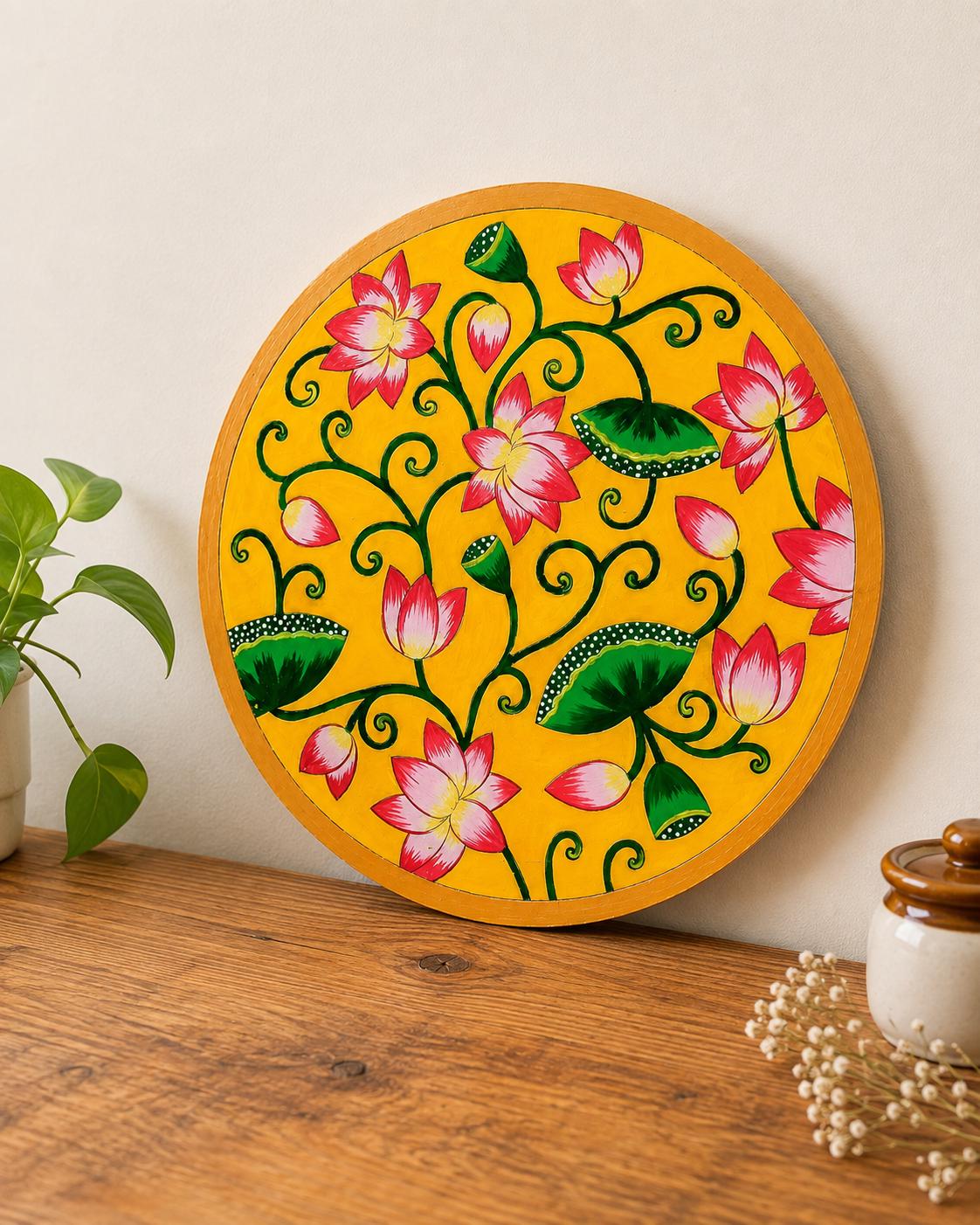Pichwai Lotus Painting, Indian Floral Wall Art, Hand Painted Folk Decor