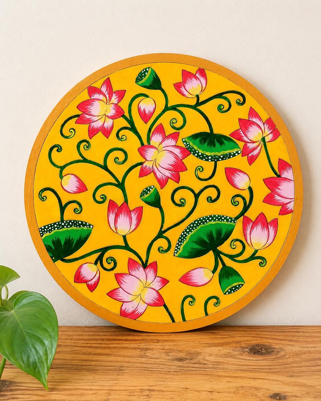 Pichwai Lotus Painting, Indian Floral Wall Art, Hand Painted Folk Decor