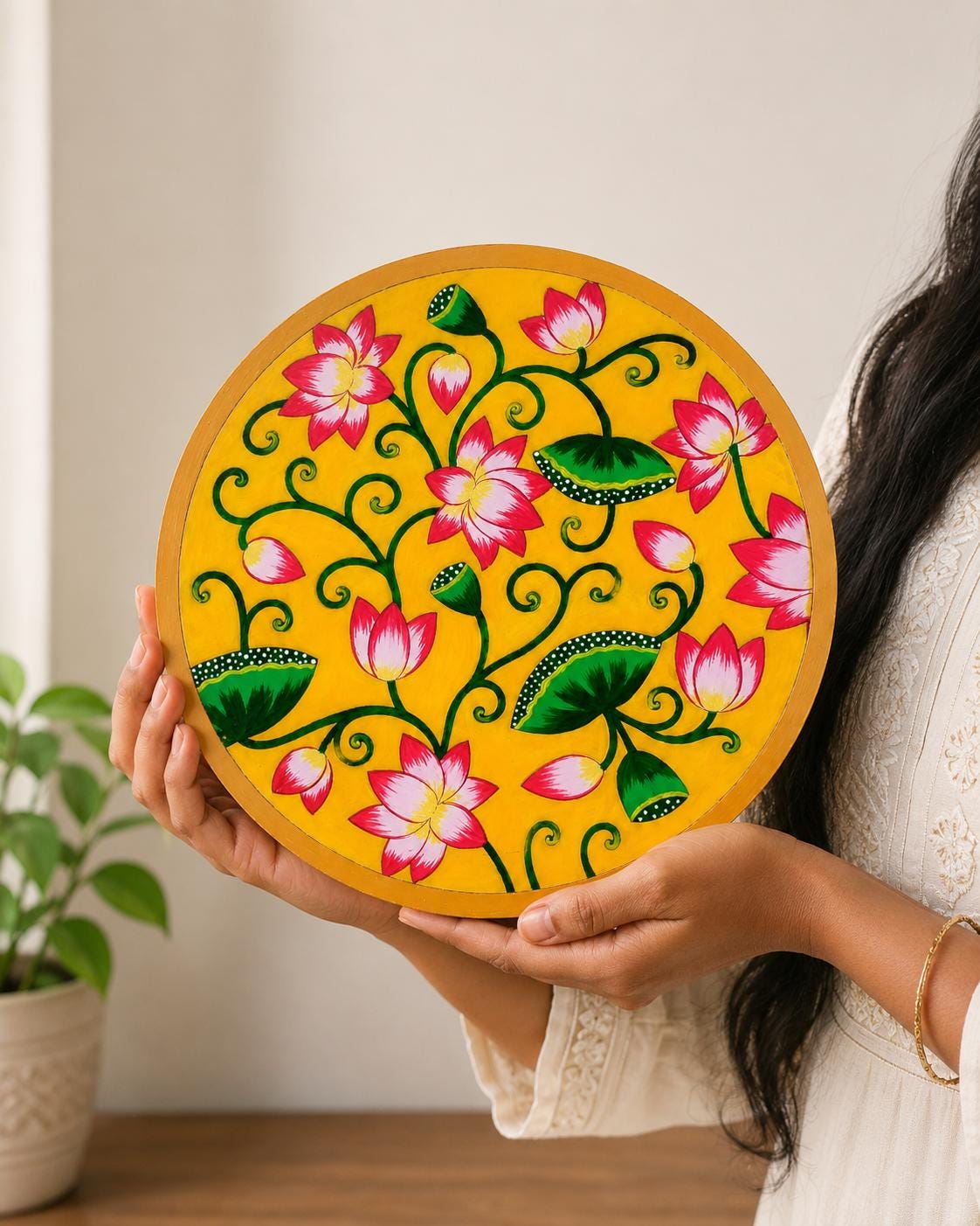 Pichwai Lotus Painting, Indian Floral Wall Art, Hand Painted Folk Decor
