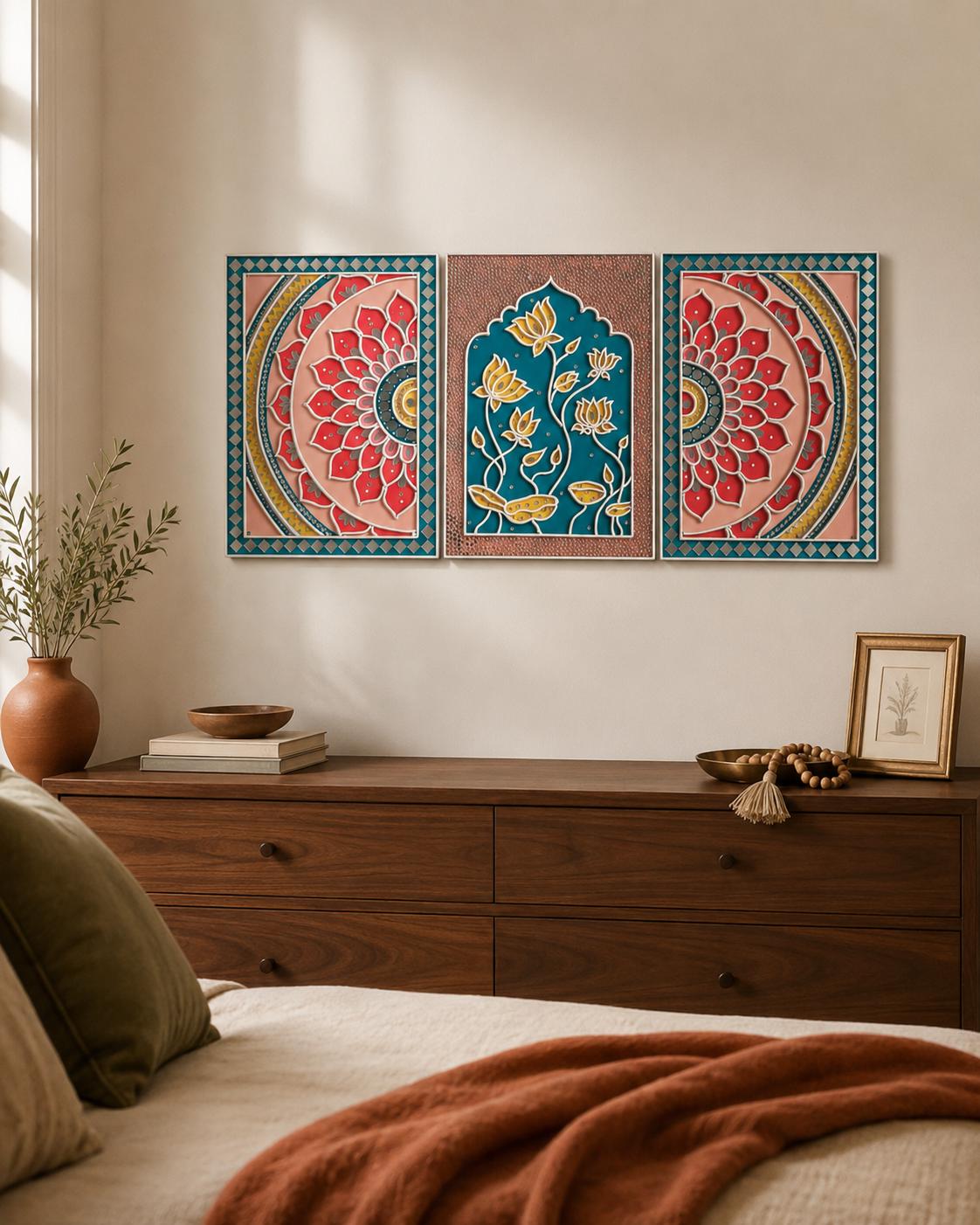 Lotus Lippan Wall Art Set of 3, Mud Mirror Indian Folk Decor