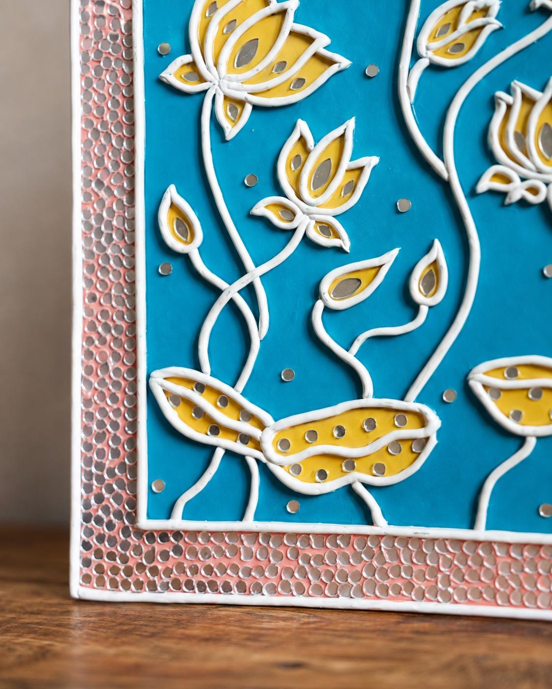 Lotus Pond Lippan Wall Art, Mud Mirror Indian Folk Decor