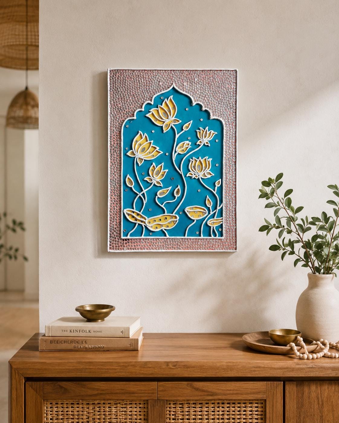 Lotus Pond Lippan Wall Art, Mud Mirror Indian Folk Decor