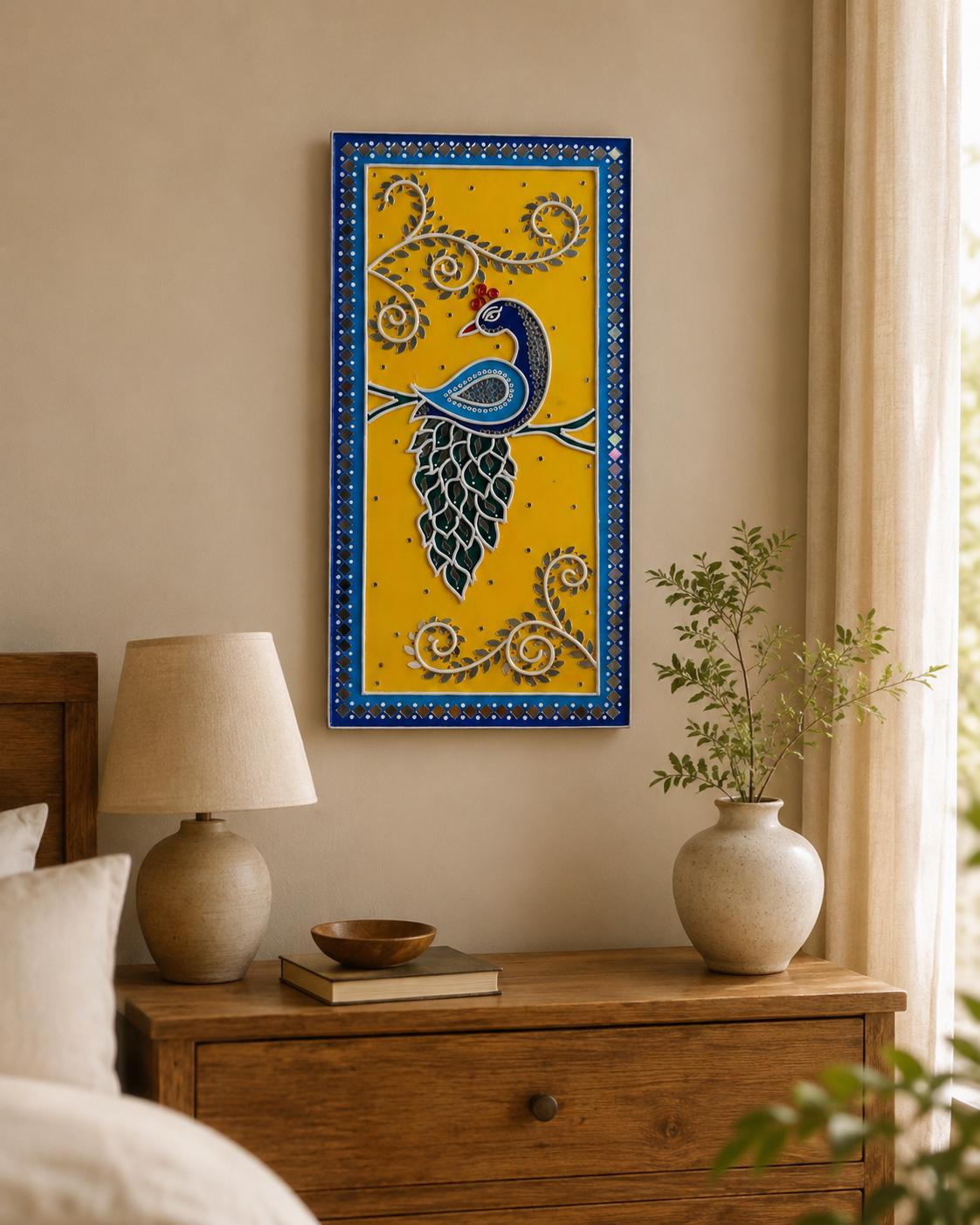 Peacock Lippan Wall Art, Mud Mirror Indian Folk Decor