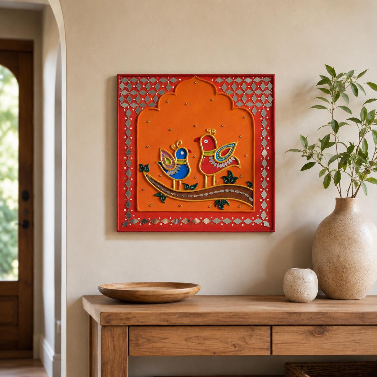 Lippan Bird Couple Wall Art, Mud Mirror Indian Folk Decor