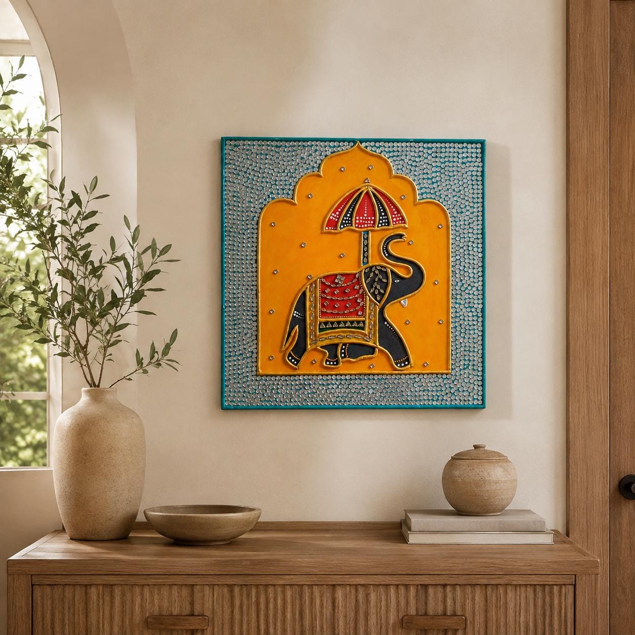 Maharaja Elephant Lippan Art, Mud Mirror Indian Folk Decor