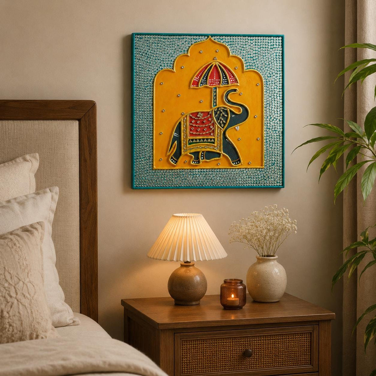 Maharaja Elephant Lippan Art, Mud Mirror Indian Folk Decor