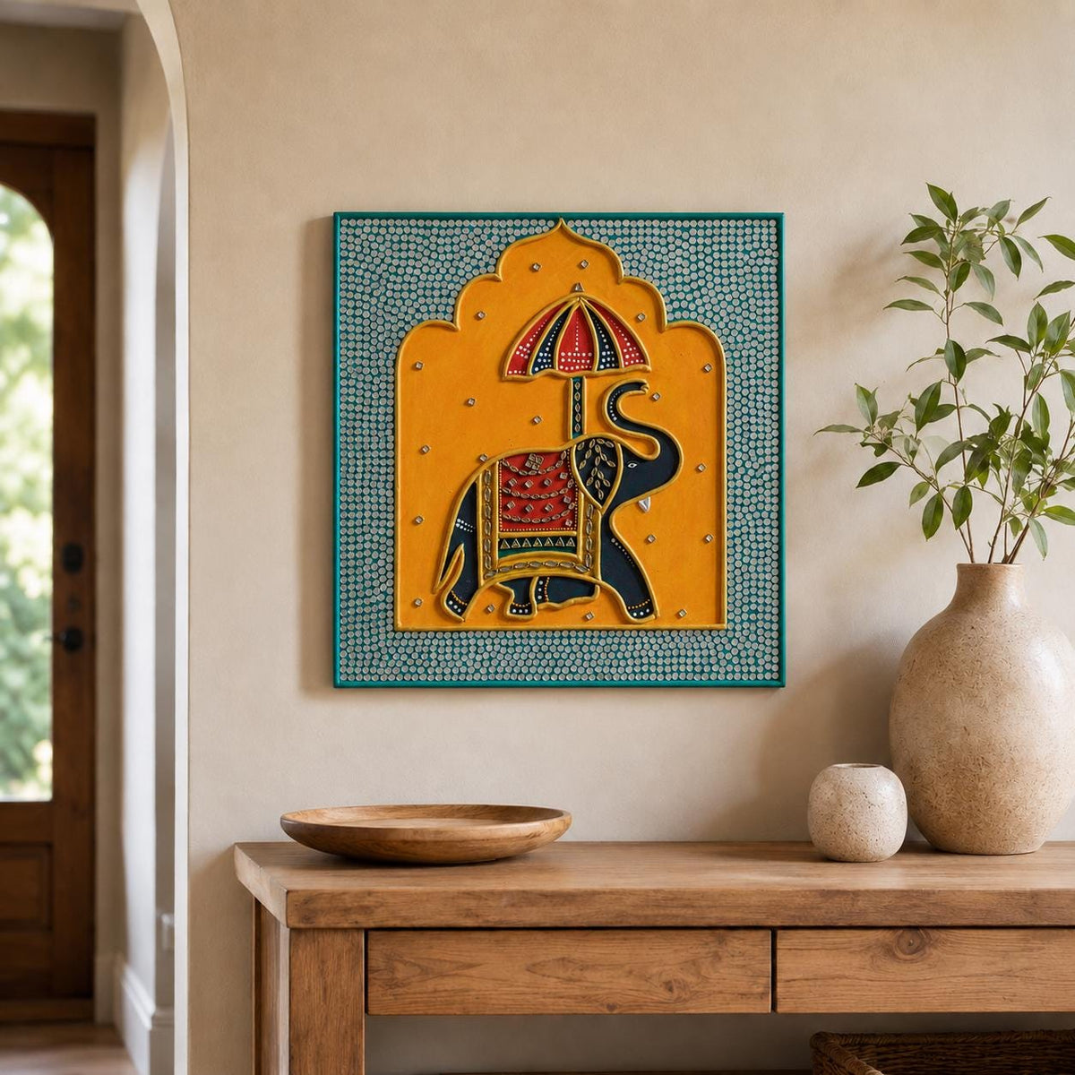 Maharaja Elephant Lippan Art, Mud Mirror Indian Folk Decor