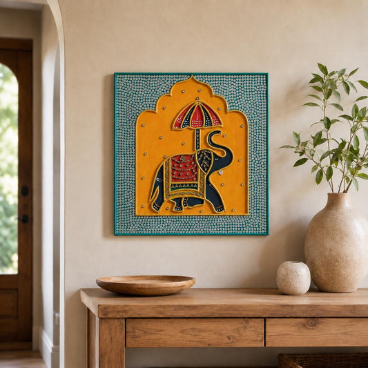 Maharaja Elephant Lippan Art, Mud Mirror Indian Folk Decor
