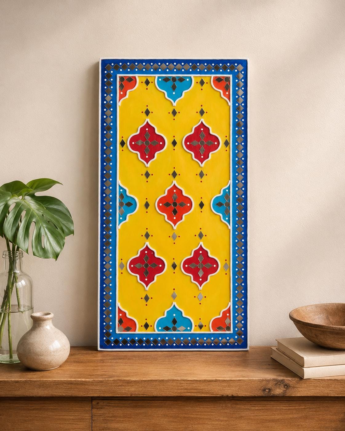 Geometric Lippan Wall Art, Mud Mirror Indian Folk Decor