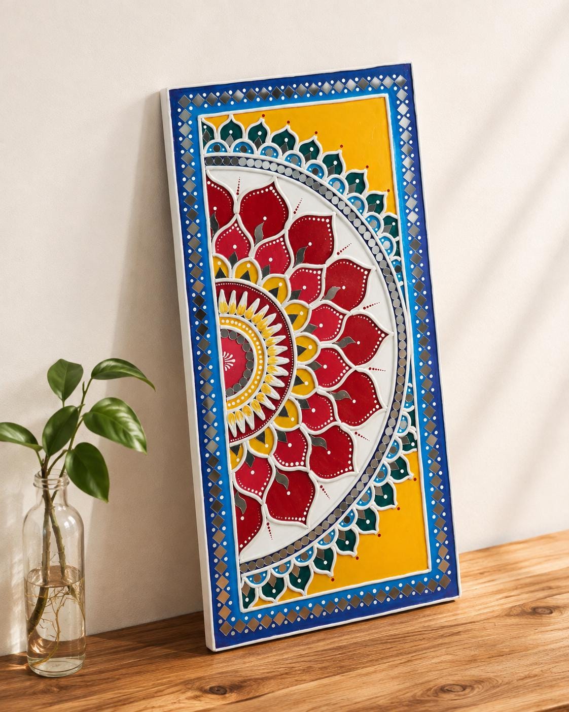Vertical Lippan Mandala Wall Art, Mud Mirror Indian Folk Decor