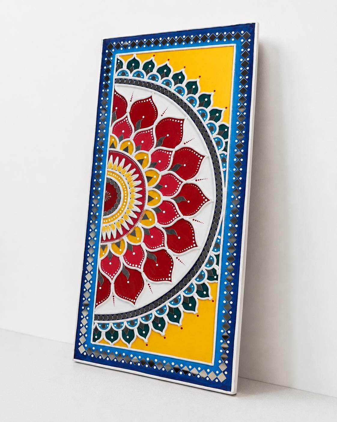 Vertical Lippan Mandala Wall Art, Mud Mirror Indian Folk Decor