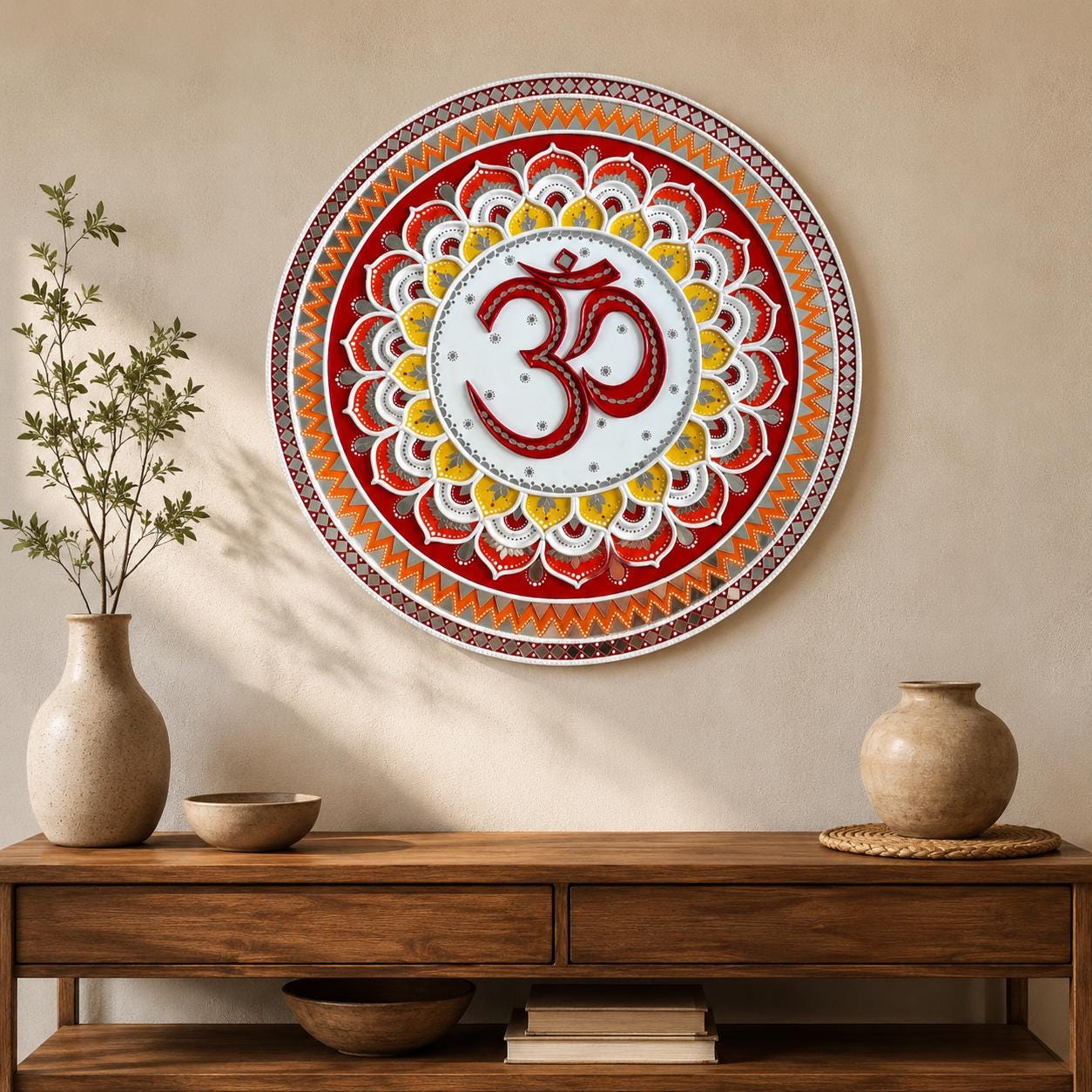 Om Lippan Mandala Wall Art, Mud Mirror Indian Folk Decor