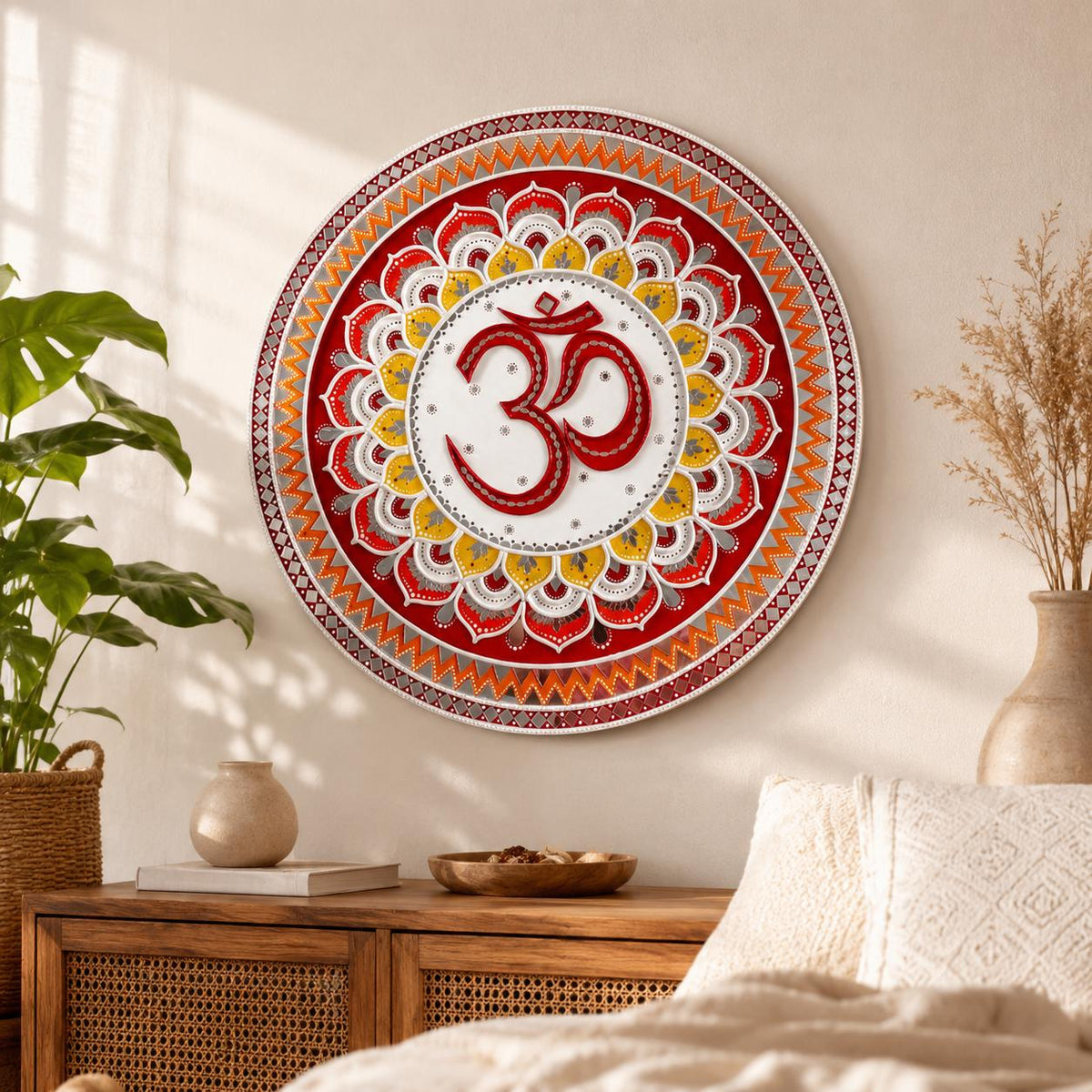 Om Lippan Mandala Wall Art, Mud Mirror Indian Folk Decor