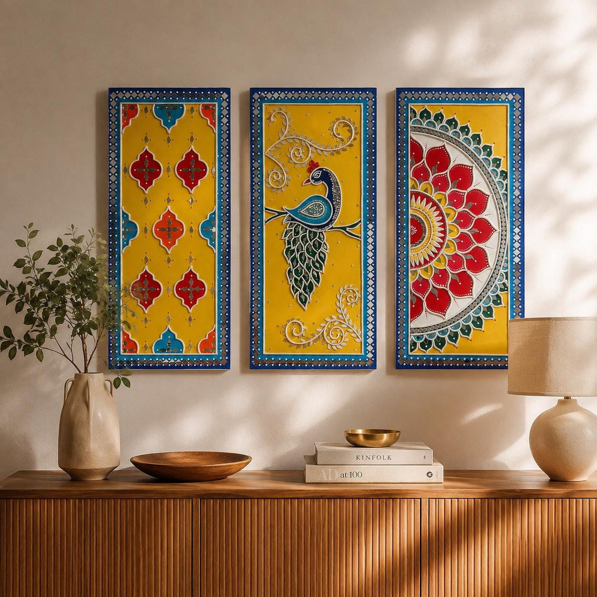Peacock Lippan Wall Art Set of 3, Mud Mirror Indian Folk Decor