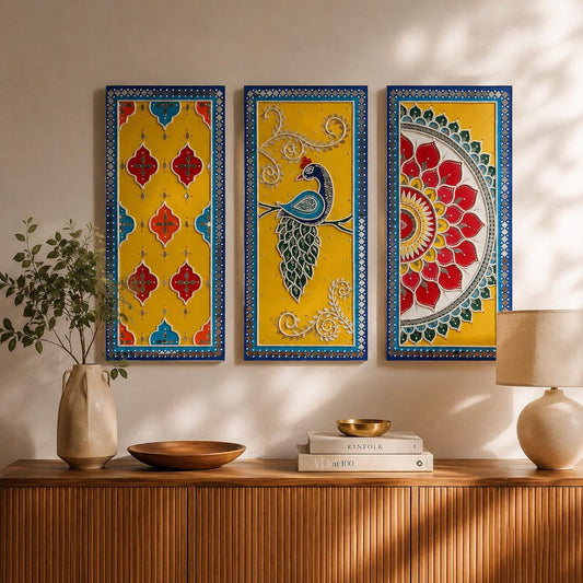 Peacock Lippan Wall Art Set of 3, Mud Mirror Indian Folk Decor
