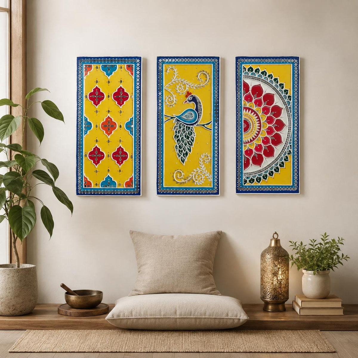 Peacock Lippan Wall Art Set of 3, Mud Mirror Indian Folk Decor