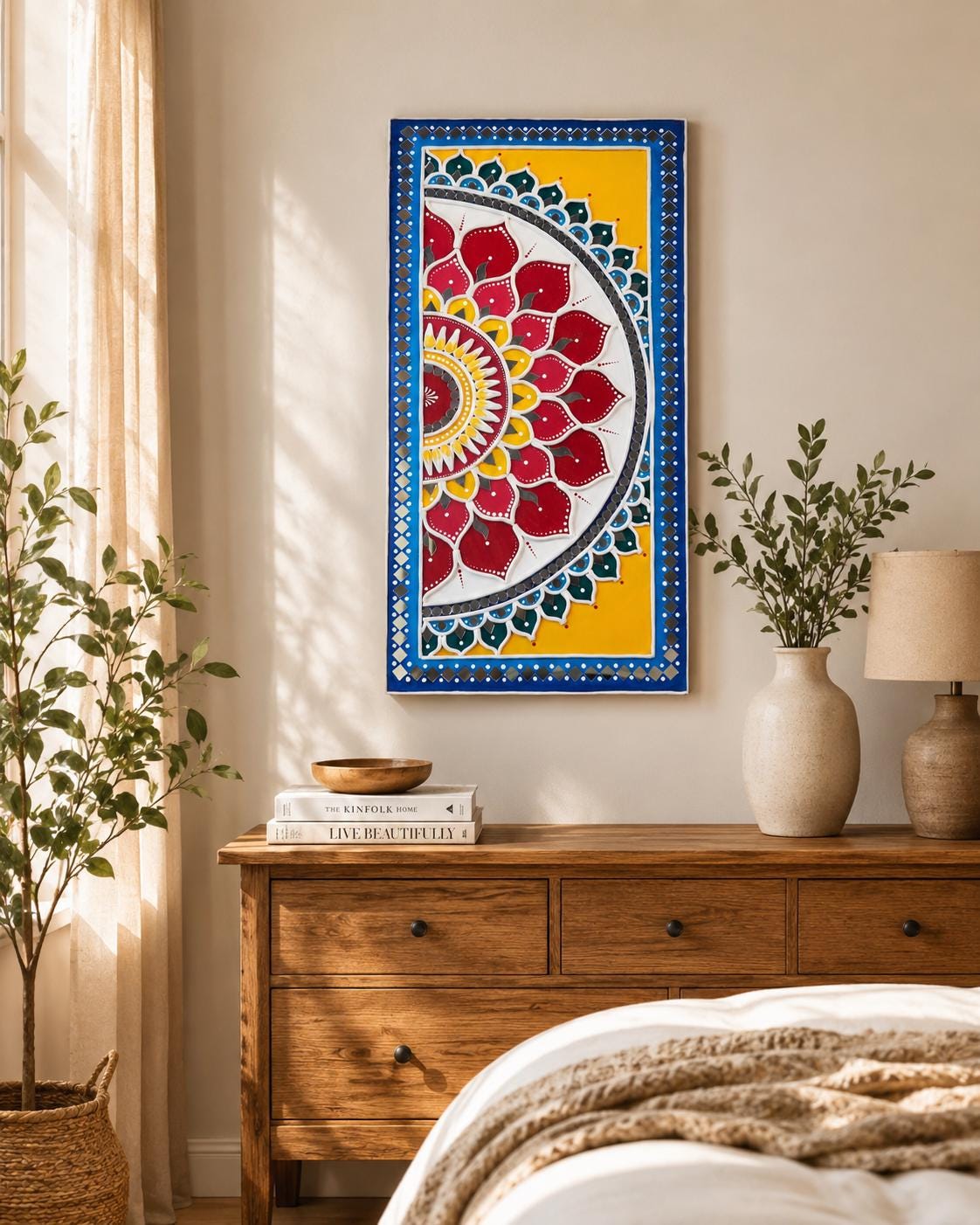 Vertical Lippan Mandala Wall Art, Mud Mirror Indian Folk Decor