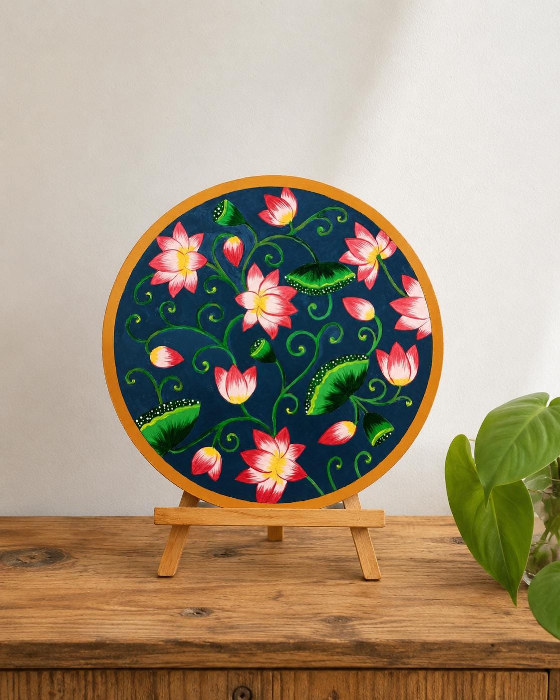 Lotus Pond Pichwai Wall Art, Hand Painted Indian Folk Decor