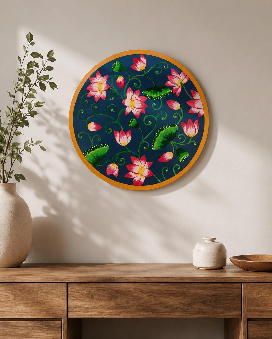 Lotus Pond Pichwai Wall Art, Hand Painted Indian Folk Decor